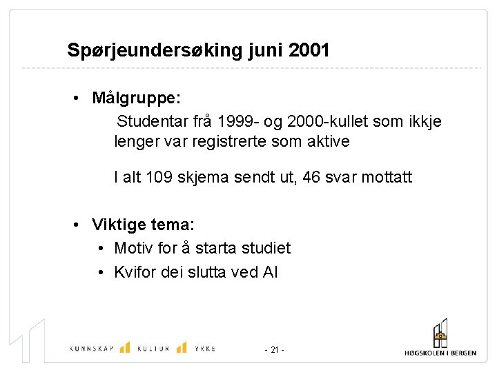 Spørjeundersøking juni 2001 • Målgruppe: Studentar frå 1999 - og 2000 -kullet som ikkje