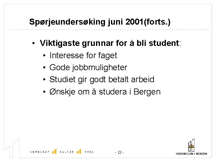 Spørjeundersøking juni 2001(forts. ) • Viktigaste grunnar for å bli student: • Interesse for