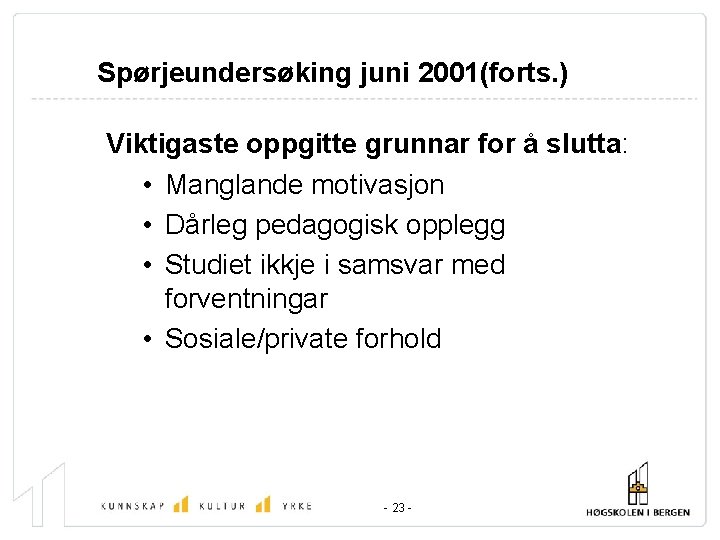 Spørjeundersøking juni 2001(forts. ) Viktigaste oppgitte grunnar for å slutta: • Manglande motivasjon •