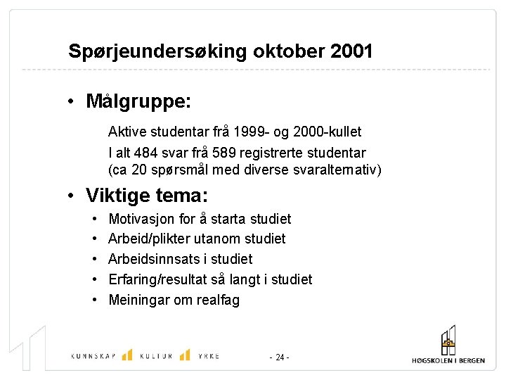 Spørjeundersøking oktober 2001 • Målgruppe: Aktive studentar frå 1999 - og 2000 -kullet I