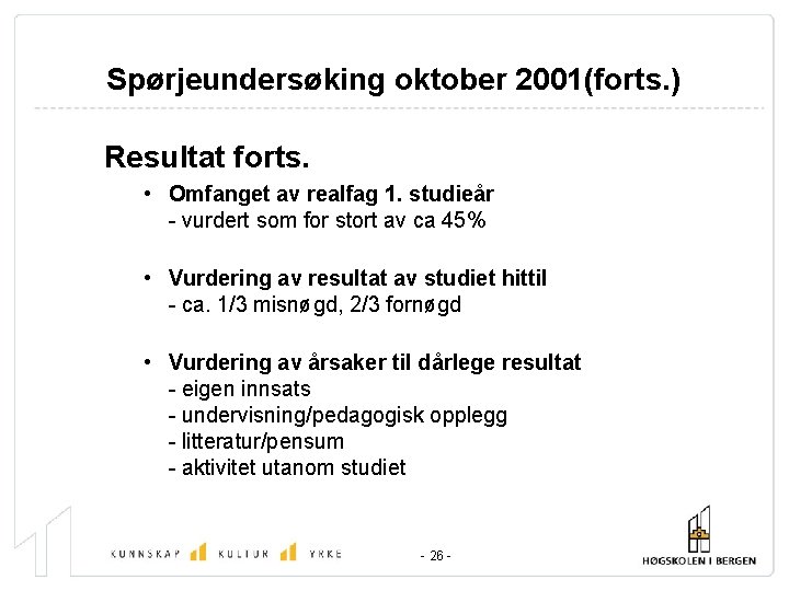 Spørjeundersøking oktober 2001(forts. ) Resultat forts. • Omfanget av realfag 1. studieår - vurdert