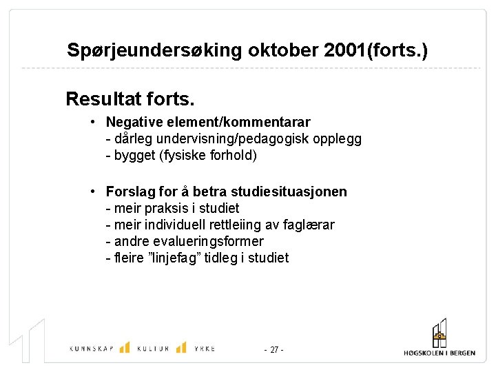 Spørjeundersøking oktober 2001(forts. ) Resultat forts. • Negative element/kommentarar - dårleg undervisning/pedagogisk opplegg -