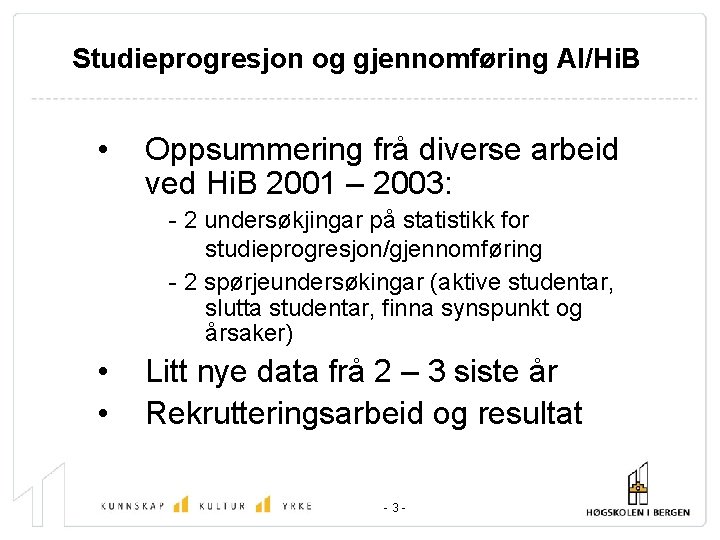 Studieprogresjon og gjennomføring AI/Hi. B • Oppsummering frå diverse arbeid ved Hi. B 2001