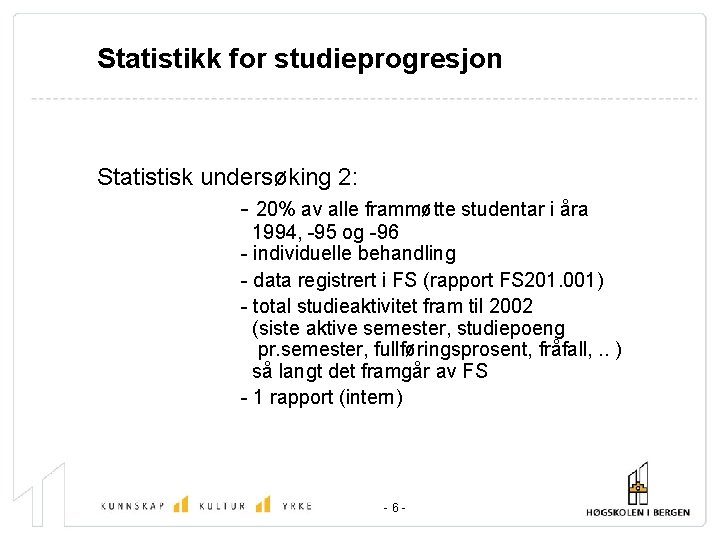 Statistikk for studieprogresjon Statistisk undersøking 2: - 20% av alle frammøtte studentar i åra