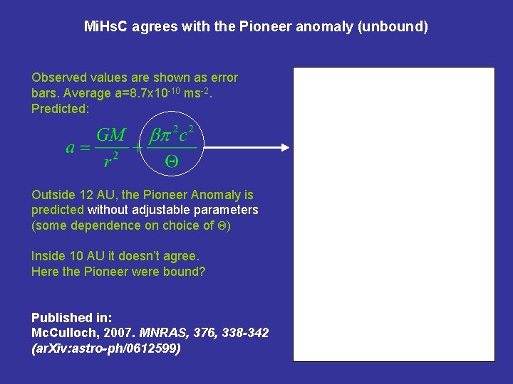 Mi. Hs. C agrees with the Pioneer anomaly (unbound) Observed values are shown as