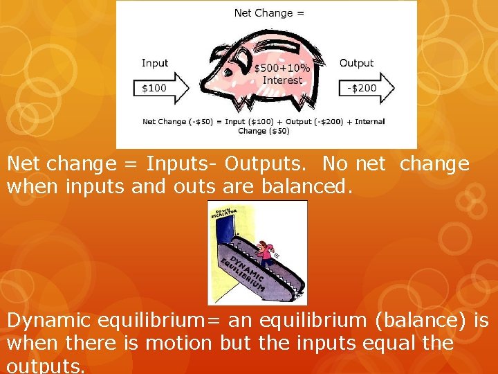 Net change = Inputs- Outputs. No net change when inputs and outs are balanced.