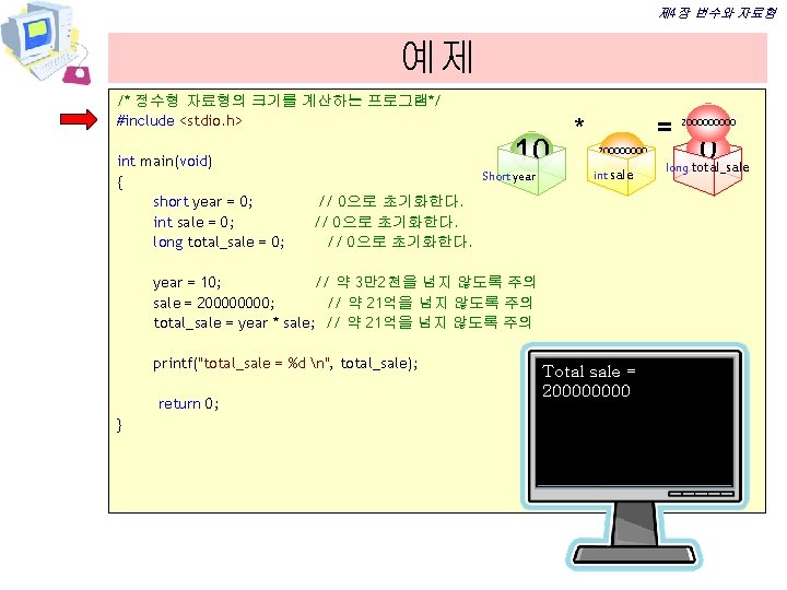 제 4장 변수와 자료형 예제 /* 정수형 자료형의 크기를 계산하는 프로그램*/ #include <stdio. h>