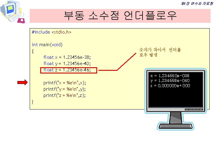 제 4장 변수와 자료형 부동 소수점 언더플로우 #include <stdio. h> int main(void) { float