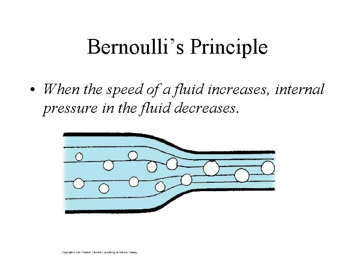 Bernoulli’s Principle • When the speed of a fluid increases, internal pressure in the