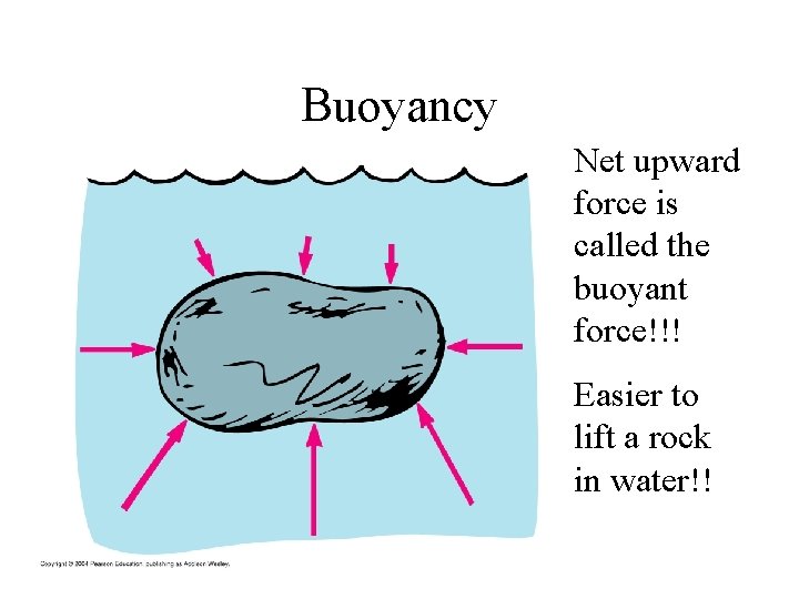 Buoyancy Net upward force is called the buoyant force!!! Easier to lift a rock