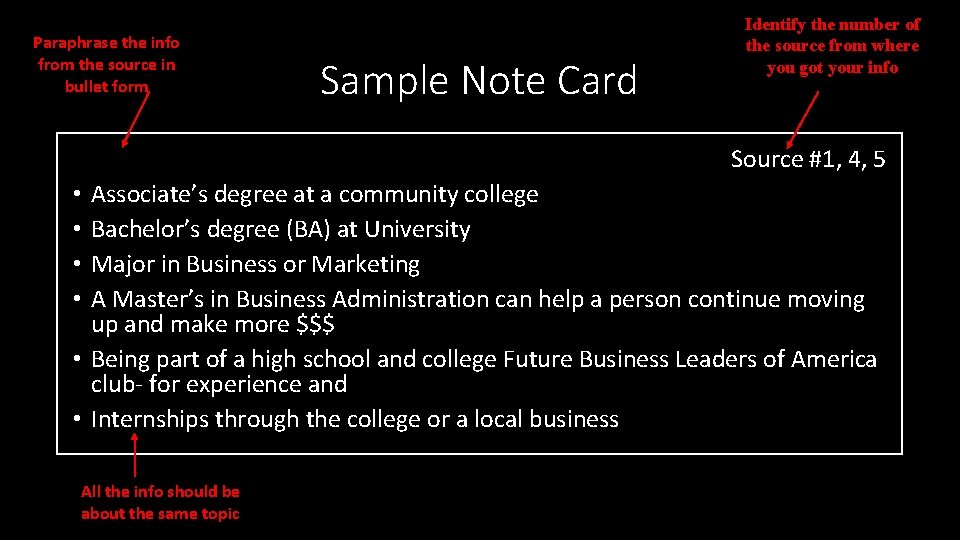 Paraphrase the info from the source in bullet form Sample Note Card Identify the Paraphrase the info from the source in bullet form Sample Note Card Identify the