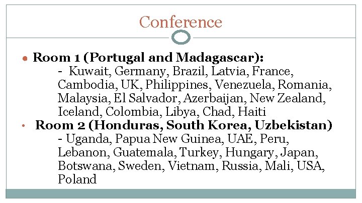 Conference ● Room 1 (Portugal and Madagascar): - Kuwait, Germany, Brazil, Latvia, France, Cambodia,