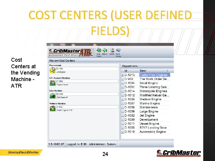 COST CENTERS (USER DEFINED FIELDS) Cost Centers at the Vending Machine ATR 24 