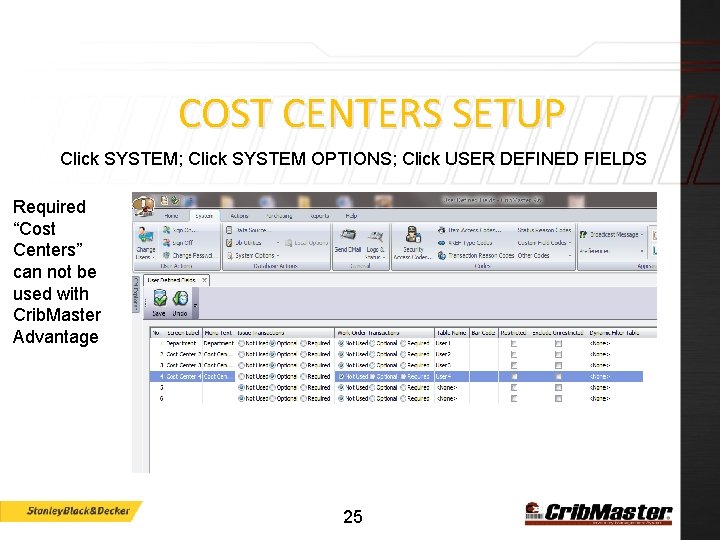 COST CENTERS SETUP Click SYSTEM; Click SYSTEM OPTIONS; Click USER DEFINED FIELDS Required “Cost