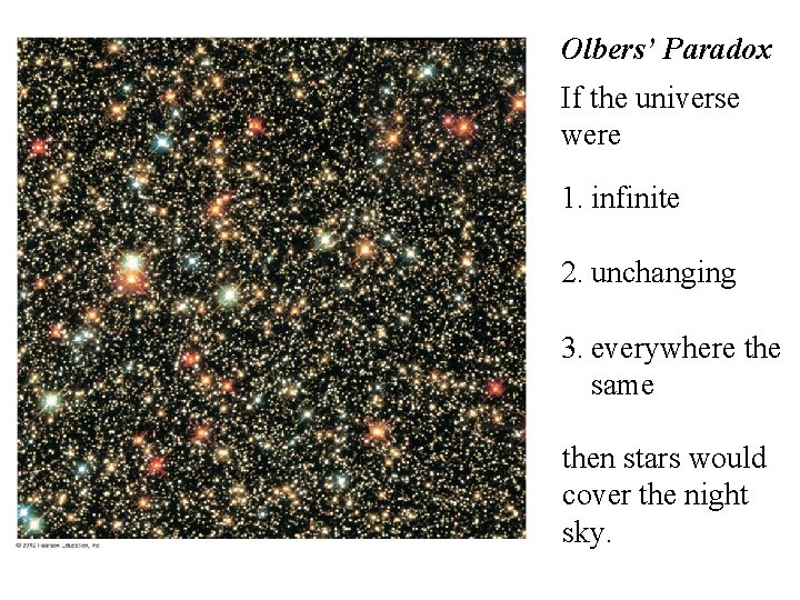 Olbers’ Paradox If the universe were 1. infinite 2. unchanging 3. everywhere the same