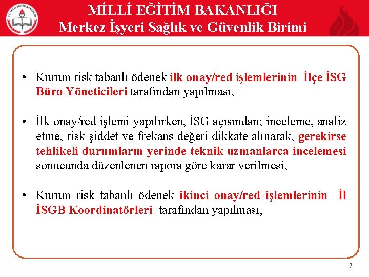 MİLLİ EĞİTİM BAKANLIĞI Merkez İşyeri Sağlık ve Güvenlik Birimi • Kurum risk tabanlı ödenek