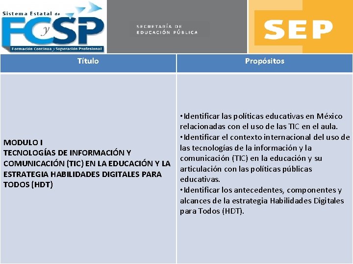 Título Propósitos MODULO I TECNOLOGÍAS DE INFORMACIÓN Y COMUNICACIÓN (TIC) EN LA EDUCACIÓN Y