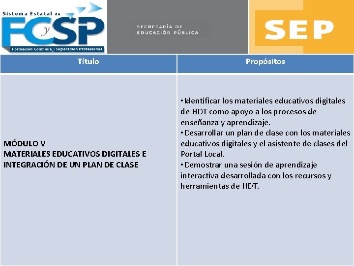 Título MÓDULO V MATERIALES EDUCATIVOS DIGITALES E INTEGRACIÓN DE UN PLAN DE CLASE Propósitos