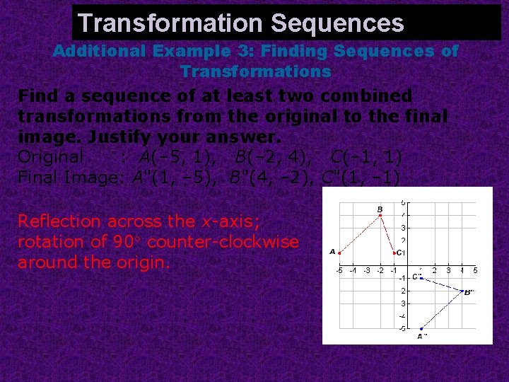 Identifying Combined Transformations Transformation Sequences Additional Example 3: Finding Sequences of Transformations Find a