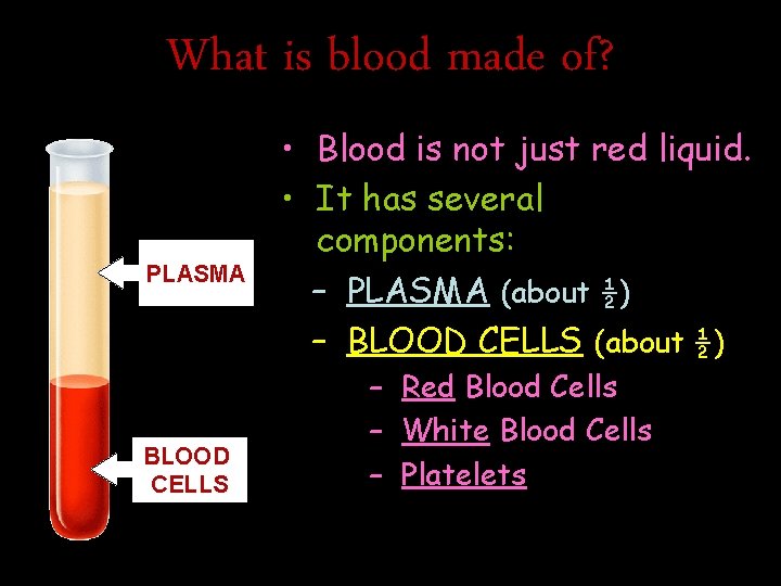 What is blood made of? PLASMA BLOOD CELLS • Blood is not just red