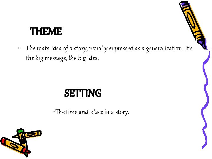 THEME • The main idea of a story, usually expressed as a generalization. It’s