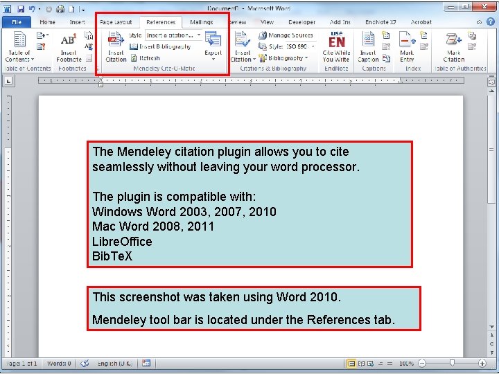 The Mendeley citation plugin allows you to cite seamlessly without leaving your word processor.