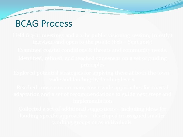 BCAG Process Held 8 3 -hr meetings and a 2 -hr public visioning session,