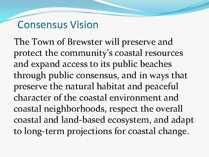 Consensus Vision The Town of Brewster will preserve and protect the community’s coastal resources