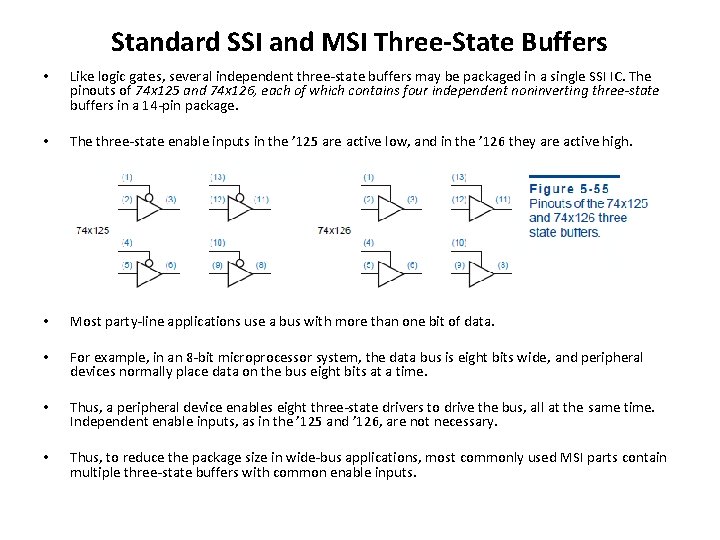 Standard SSI and MSI Three-State Buffers • Like logic gates, several independent three-state buffers