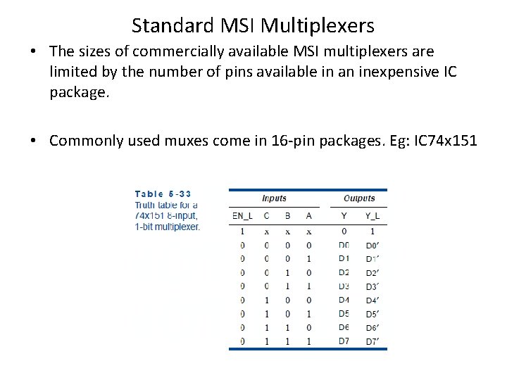 Standard MSI Multiplexers • The sizes of commercially available MSI multiplexers are limited by