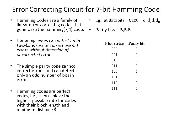 Error Correcting Circuit for 7 -bit Hamming Code • Hamming Codes are a family