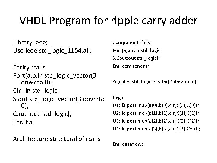 VHDL Program for ripple carry adder Library ieee; Use ieee. std_logic_1164. all; Entity rca