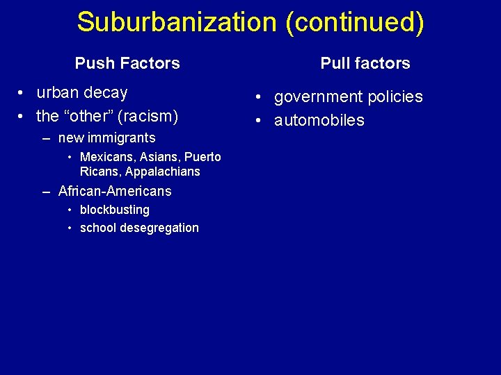 Suburbanization (continued) Push Factors • urban decay • the “other” (racism) – new immigrants