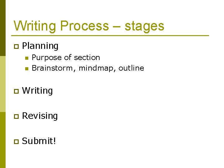 Writing Process – stages p Planning n n Purpose of section Brainstorm, mindmap, outline