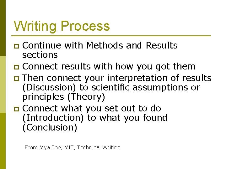 Writing Process Continue with Methods and Results sections p Connect results with how you