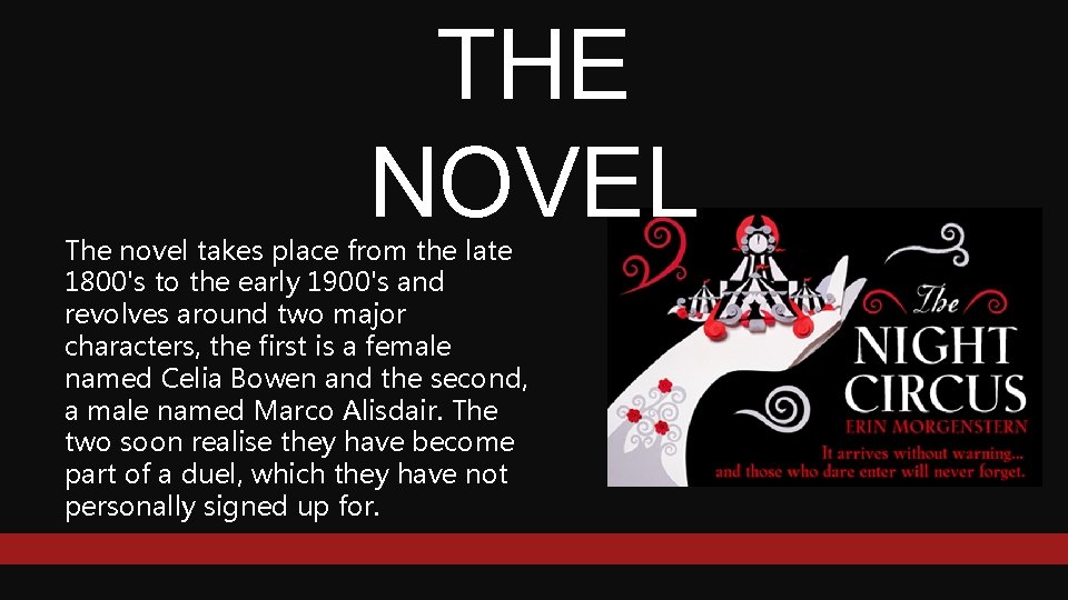 THE NOVEL The novel takes place from the late 1800's to the early 1900's
