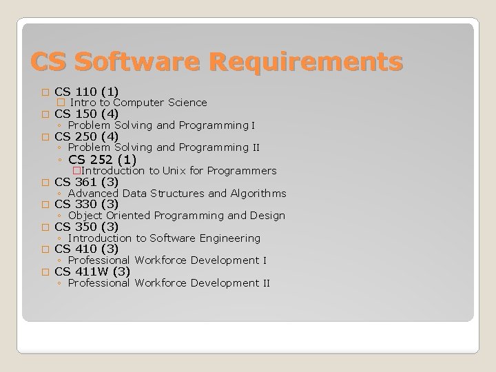 CS Software Requirements � CS 110 (1) � CS 150 (4) � CS 250