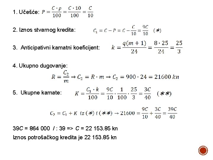 1. Učešće: 2. Iznos stvarnog kredita: 3. Anticipativni kamatni koeficijent: 4. Ukupno dugovanje: 5.