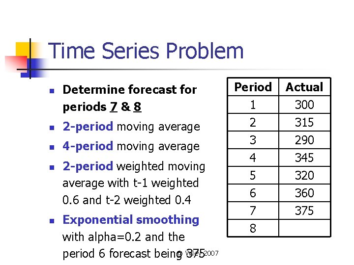 Time Series Problem n Determine forecast for periods 7 & 8 n 2 -period