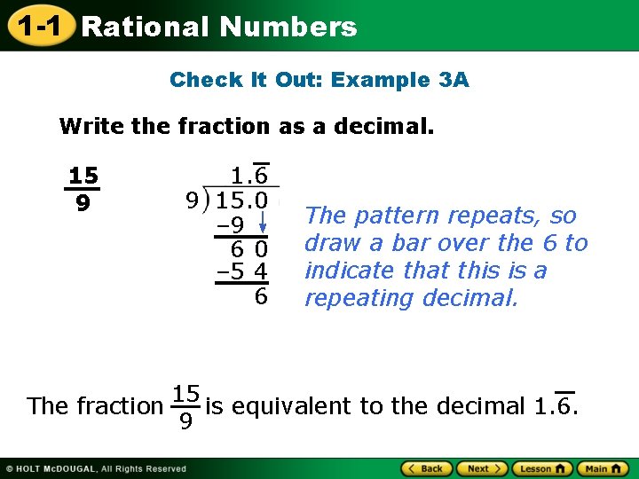 1 -1 Rational Numbers Check It Out: Example 3 A Write the fraction as