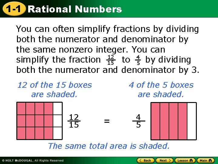 1 -1 Rational Numbers You can often simplify fractions by dividing both the numerator