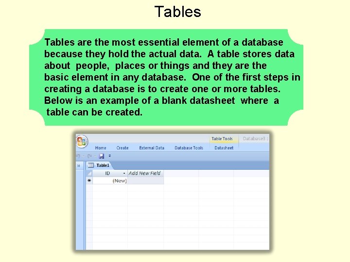 Tables are the most essential element of a database because they hold the actual