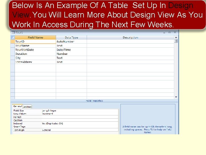Below Is An Example Of A Table Set Up In Design View. You Will