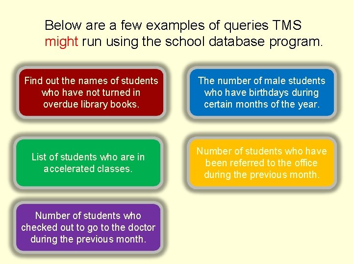 Below are a few examples of queries TMS might run using the school database