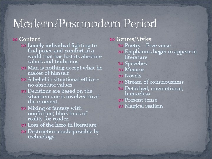 Modern/Postmodern Period Content Lonely individual fighting to find peace and comfort in a world