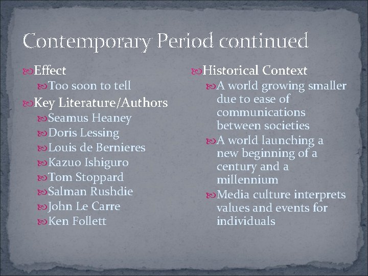 Contemporary Period continued Effect Too soon to tell Key Literature/Authors Seamus Heaney Doris Lessing