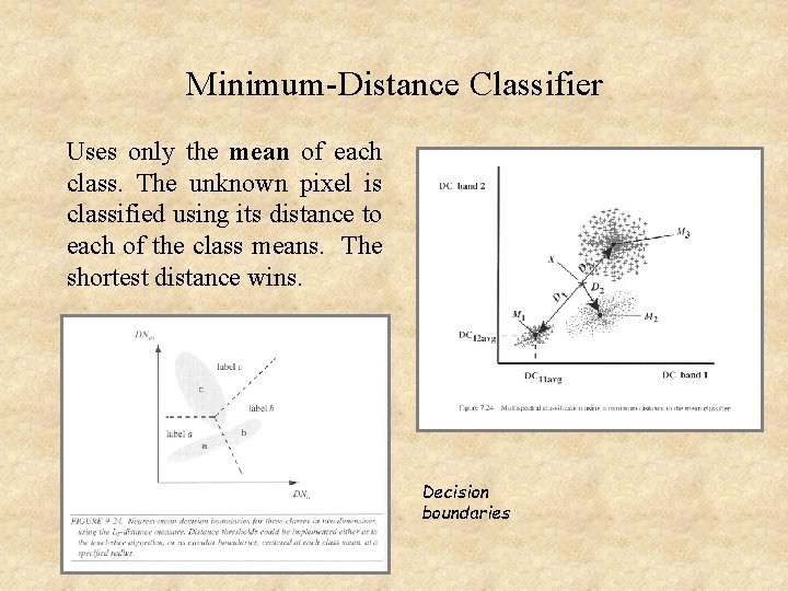 Minimum-Distance Classifier Uses only the mean of each class. The unknown pixel is classified
