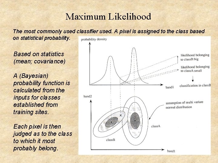 Maximum Likelihood The most commonly used classifier used. A pixel is assigned to the