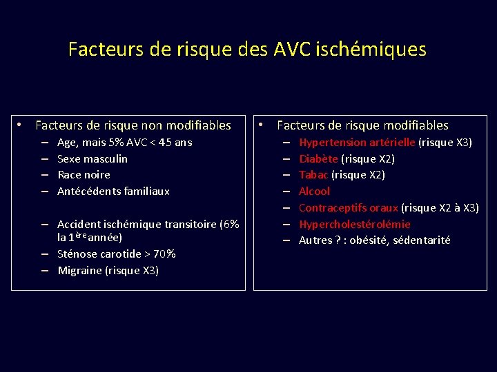 Facteurs de risque des AVC ischémiques • Facteurs de risque non modifiables – –