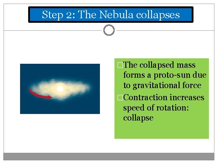 Step 2: The Nebula collapses �The collapsed mass forms a proto-sun due to gravitational
